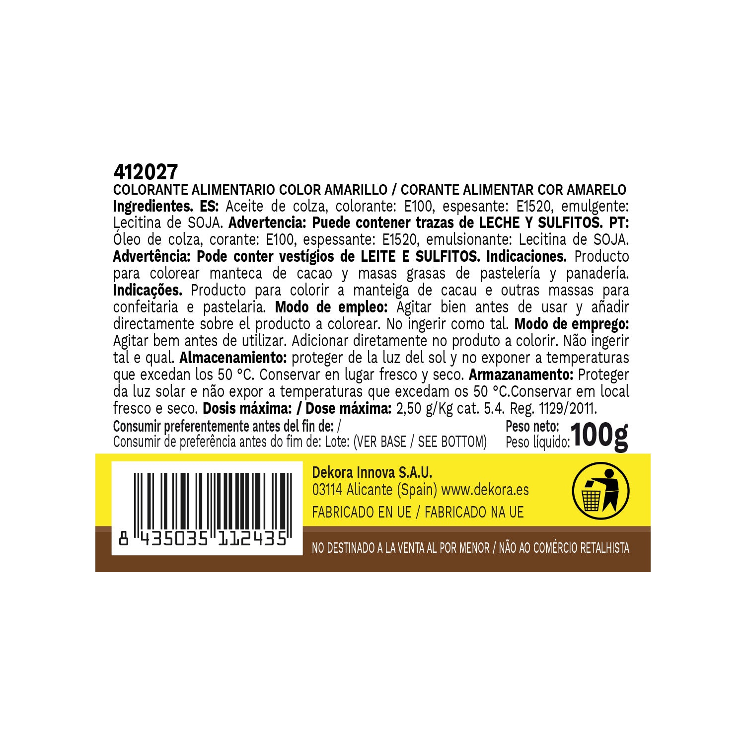 COLORANTE ALIMENTARIO LÍQUIDO LIPOSOLUBLE GIALLO 100 GR
