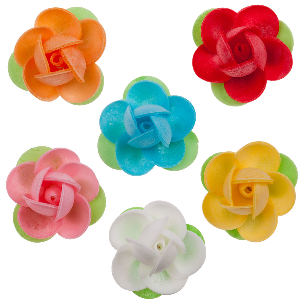 ROSA MINI IN OSTIA COLORI CON FOGLIE ASSORTITI 4CM 80pezzi
