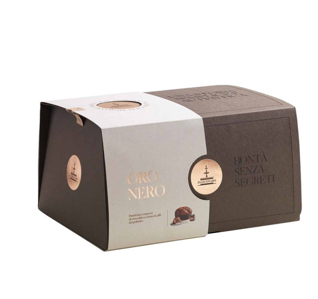Panett. oro nero caffè kg. 1 scat. regalo + vaso crema + coltell. FIASCONARO - cod. FIASCO11