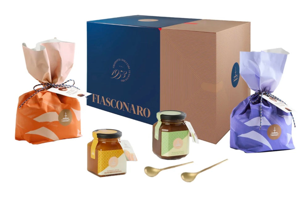 Gift box degust. pan. agr. 500 gr. + pan. ciocc. 500 gr. + marm Fiasconaro - cod. FIASCO154