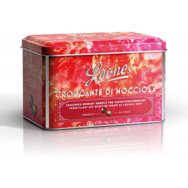 Croccante di nocciola ricoperti con scatola in latta 150gr Leone - cod. LEO19