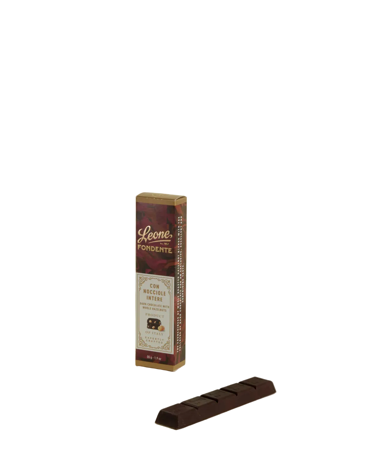 Barretta Cioccolato Fondente con Nocciole del Piemonte intere 55gr Leone - cod. LEO55